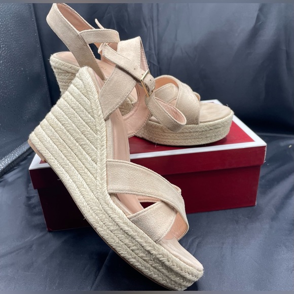 Vicki Vicki Shoes - Vicki-Vicki Womens Beige Faux Suede Espadrilles Wedge Sandals, Size 8.5